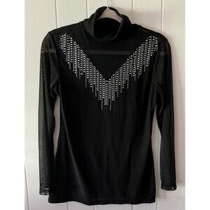 Women's Rhinestone V Turtleneck Mesh Neck and Long Sleeves Blouse Size Medium